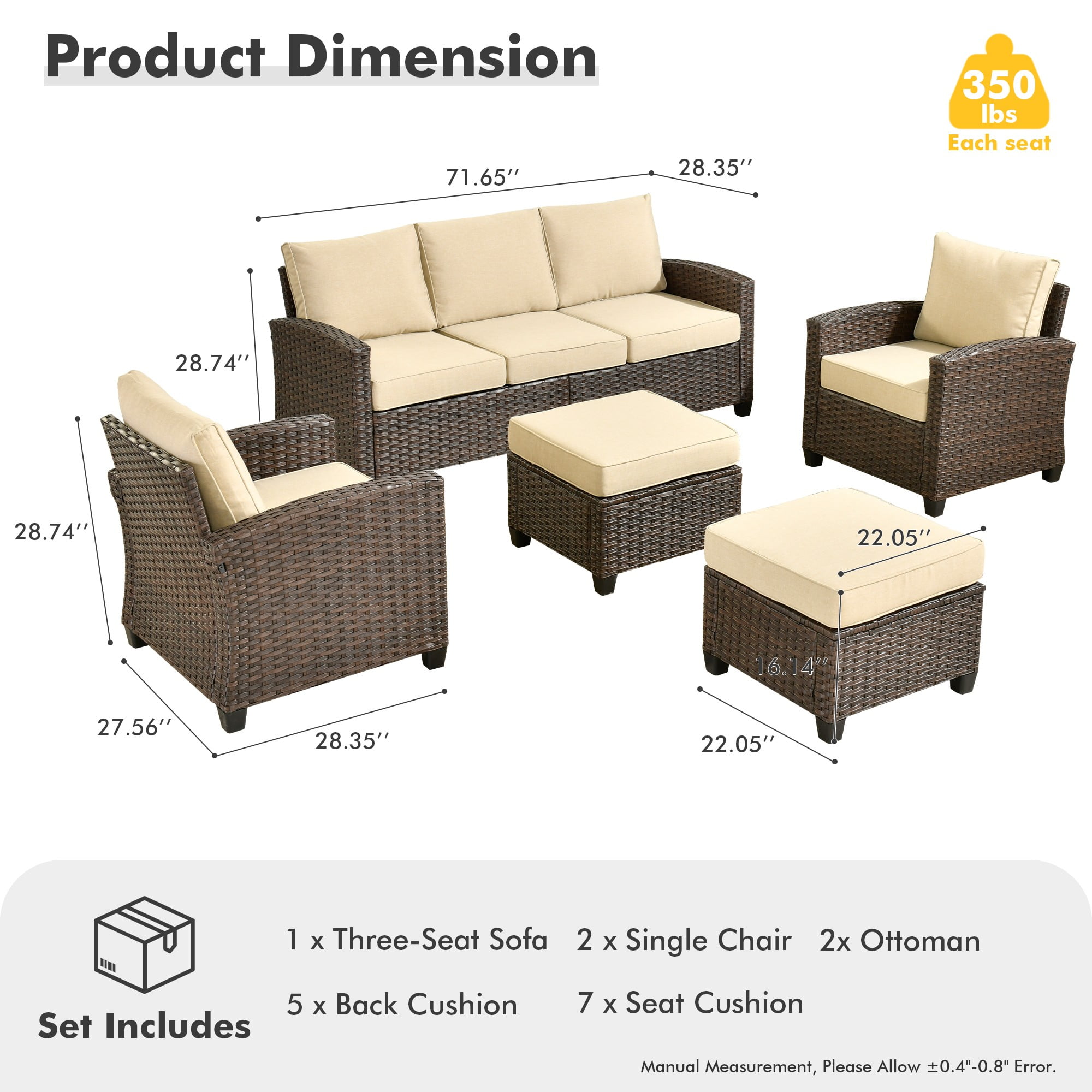 XIZZI 5 Pieces Wicker Patio Furniture All Weather Outside Seating Set High Back Rattan Outdoor Conversation Set with Cushion Ottoman for Balcony, Beige