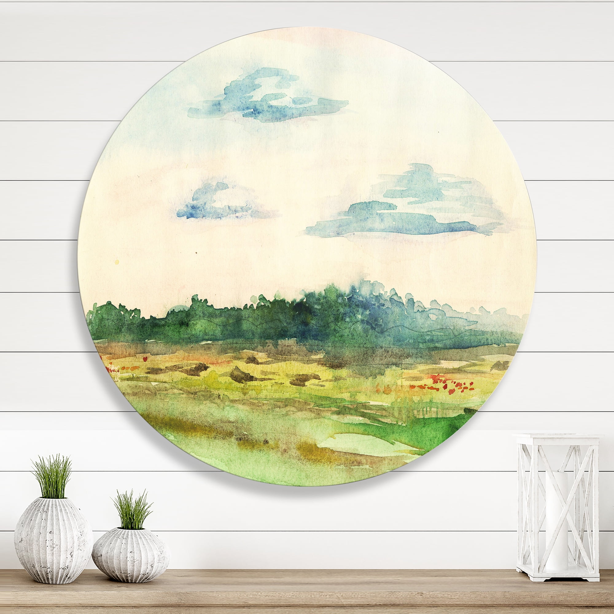 Designart 'Summer Landscape Of Green Blossoming ' Traditional Circle Metal Wall Art 23x23 - Disc of 23