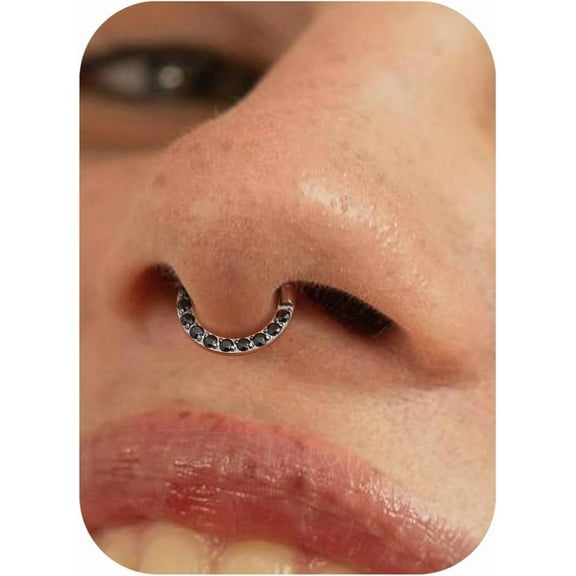 16G 6mm Hinged Septum Rings - G23 Titanium Nose Rings Hoops Clicker Septum Jewelry Black CZ Nose Piercings Helix Tragus Rook Daith Earrings for Women Men Silver