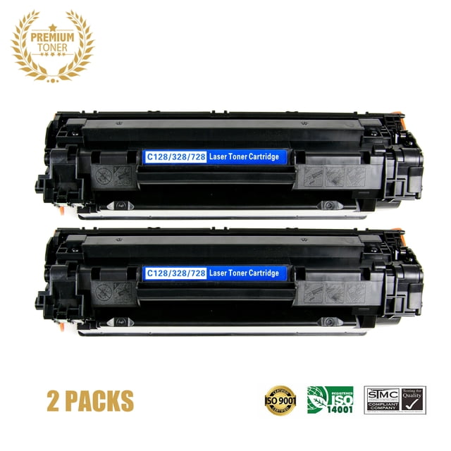 Ultra Toner™ 2 Packs Deal ! Canon 128 Black Toner Cartridge featuring two black toner cartridges compatible with Canon ImageClass printers such as D530, D550, and MF4412. Each cartridge offers a standard page yield of 2,100 pages at 5% coverage, with a cost per page of 1.0 cent. The cartridges are displayed side by side with visible labels and certifications for quality assurance.