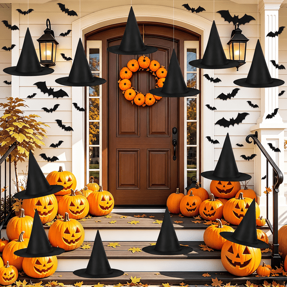 SUCUUI 12 Pcs Halloween Hanging Witch Hats with 157 FT Nylon Cord and 72 Bat Stickers, Black Floating Witch Hat Decorations for Home Yard Porch Ceiling Party Decor