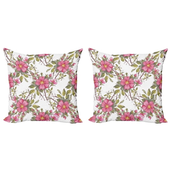 Ambesonne Flower Throw Pillow Cover 2 Pack, Dog Rose Garden Floral, 24", Lime Green Pale Pink