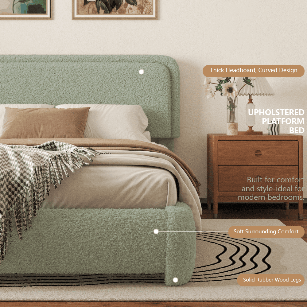 VIPLOV King Size Boucle Bed Frame, Cloud Upholstered Platform Bed with Height Adjustable Headboard & Soft Rounded Corners, No Noise Free, Easy Assembly.Green