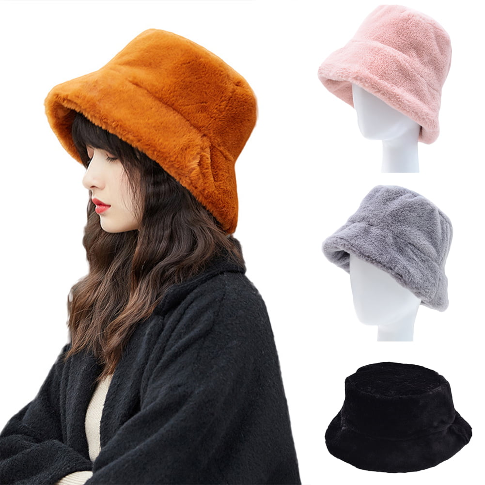 US Winter Women Fluffy Plush Bucket Hat Ladies Solid Warm Faux Fur Fisherman Cap