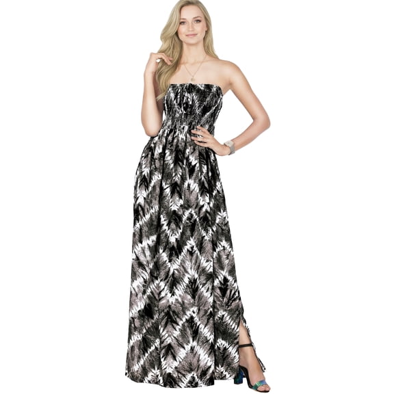 HAPPY BAY Women's Summer Boho A-Line Slit Maxi Beach Dress Smocked Top Evening Long Strapless Tube Dresses for Women One Size Kohl, Zig Zag