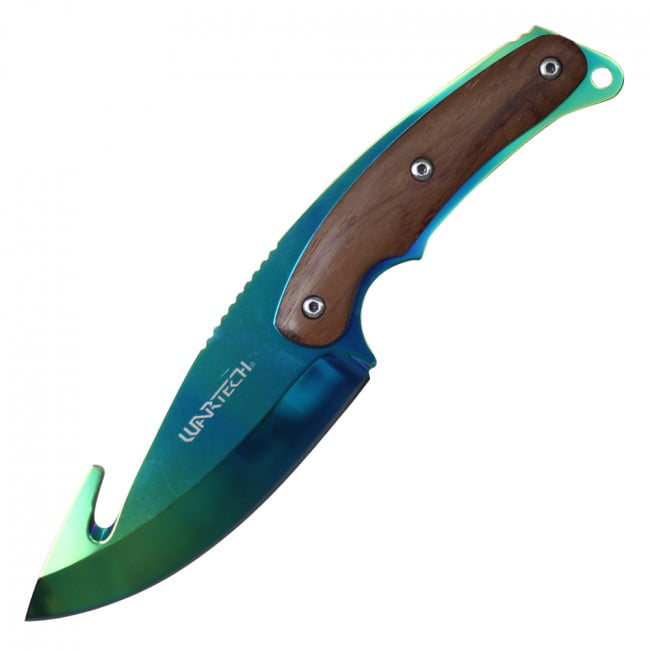Gut Hook Hunting Knife Wartech 9.5" Rainbow Blade Wood Handle Skinner