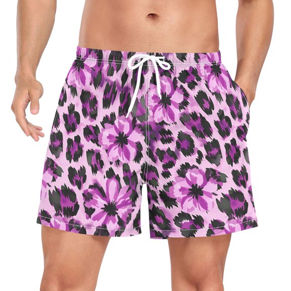 FORMRS Mens Swim Trunks Mesh Liner Quick Dry Casual Beach Board Shorts with Pockets, Sizes S-2XL, Purple Floral Leopard Pattern