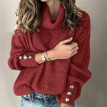 Fall Clothes For Women 2022 Ladies Fashion Solid Color Turtleneck Solid Color Sleeve Buttons Autumn/Winter Warm Top