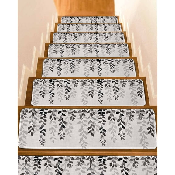 Grey Ombre Botanical Stair Treads for Wooden Steps Indoor Runner Rug Carpet, Watercolor Gray Pastoral Leaf Rustic 4 Pieces Peel and Stick Staircase Step Treads Covers Washable Throw Door Mats, 30"x8"