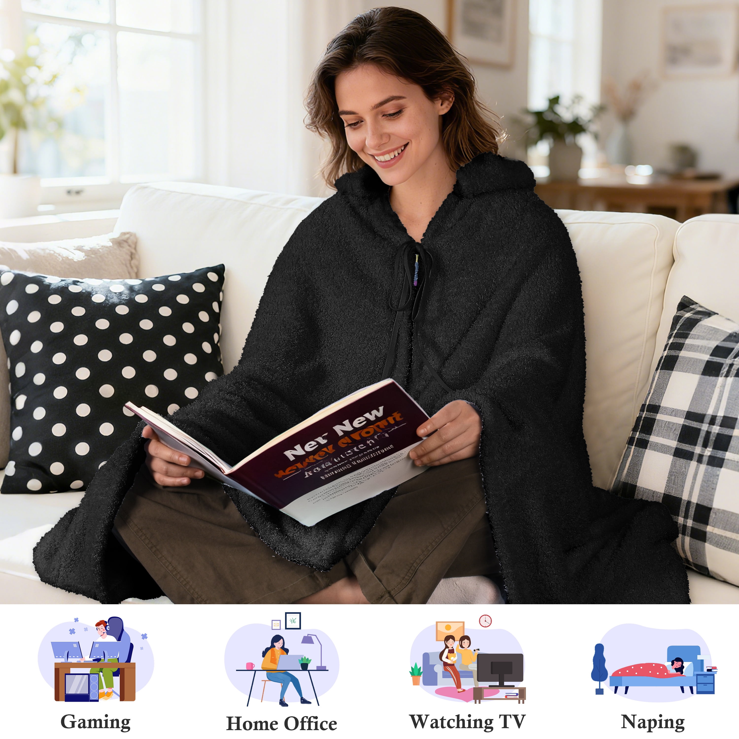Catalonia Hooded Wearable Blanket Poncho for Adults, Lightweight Fleece Cape with Hand Pockets, Cozy Plush Throw Wrap for Women, Perfect for Lounging, Gifts Ideas