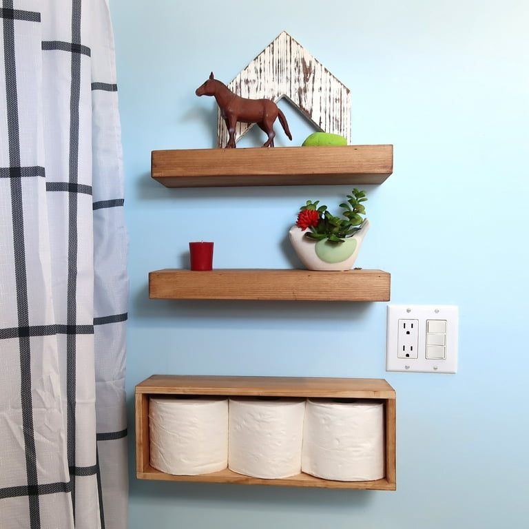 Wood Toilet Paper Holder With Shelf- Wall Mounted Rustic Modern Farmhouse
