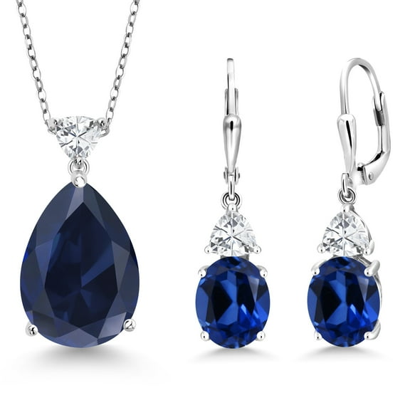 Gem Stone King 21.54 Cttw Blue Created Sapphire and White Zirconia Pendant Earrings Jewelry Set for Women | 925 Sterling Silver | Pear Shape 18X13MM | With 18 inch Chain