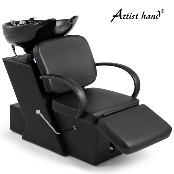 Artist Hand Barber Backwash Unit Station Shampoo Chair Ceramic Bowl Sink Salon Spa Beauty w/Footrest (Black)