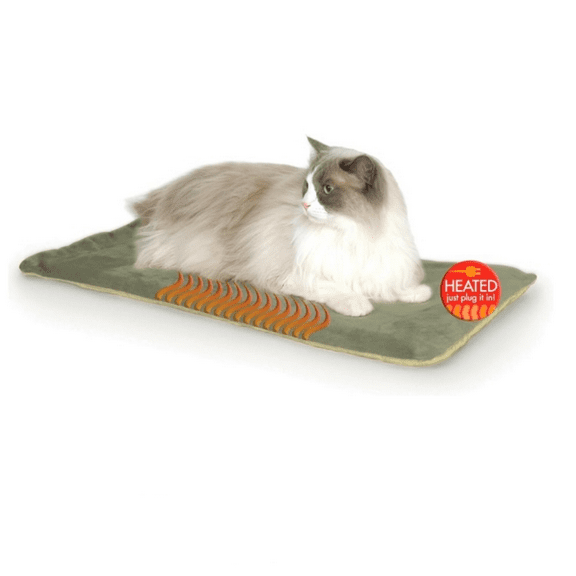 Heated Cat Bed Pad for Indoor Cats, Mat Calming Warm Pet Heating Pad for Inside Pets, Machine Washable, Waterproof Heater, Safety Listed - 12.5 X 25in Sage/Tan