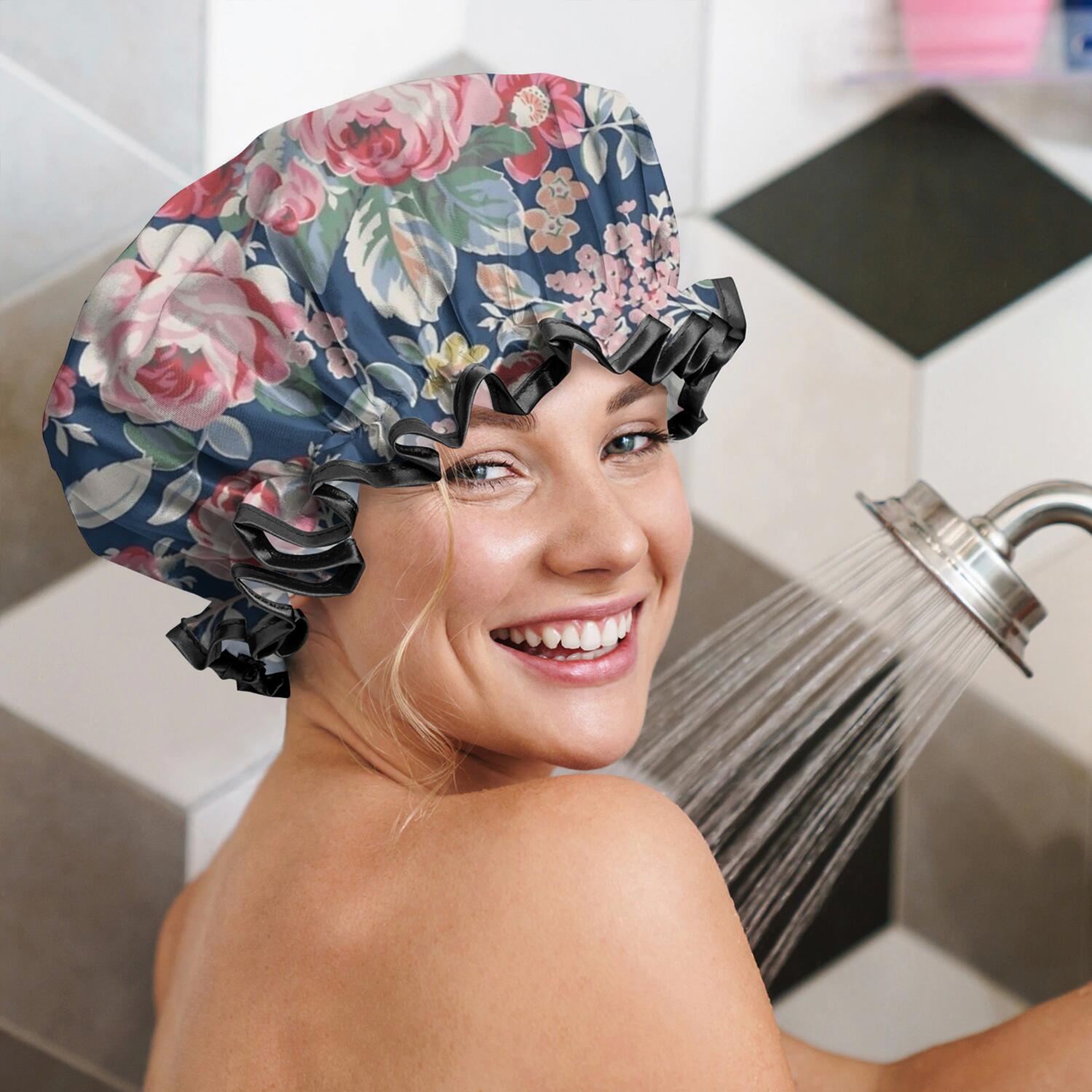 Shower Caps,Pioneer Flower Floral Print Pattern Waterproof Shower Cap for Women 4 Pieces,Double Reusable Hair Cover for Shower PEVA Elastic Stretch Hem