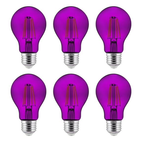6-Pack Sunlite LED Transparent Purple A19 Filament Bulbs, 4.5 Watts, Dimmable, UL Listed