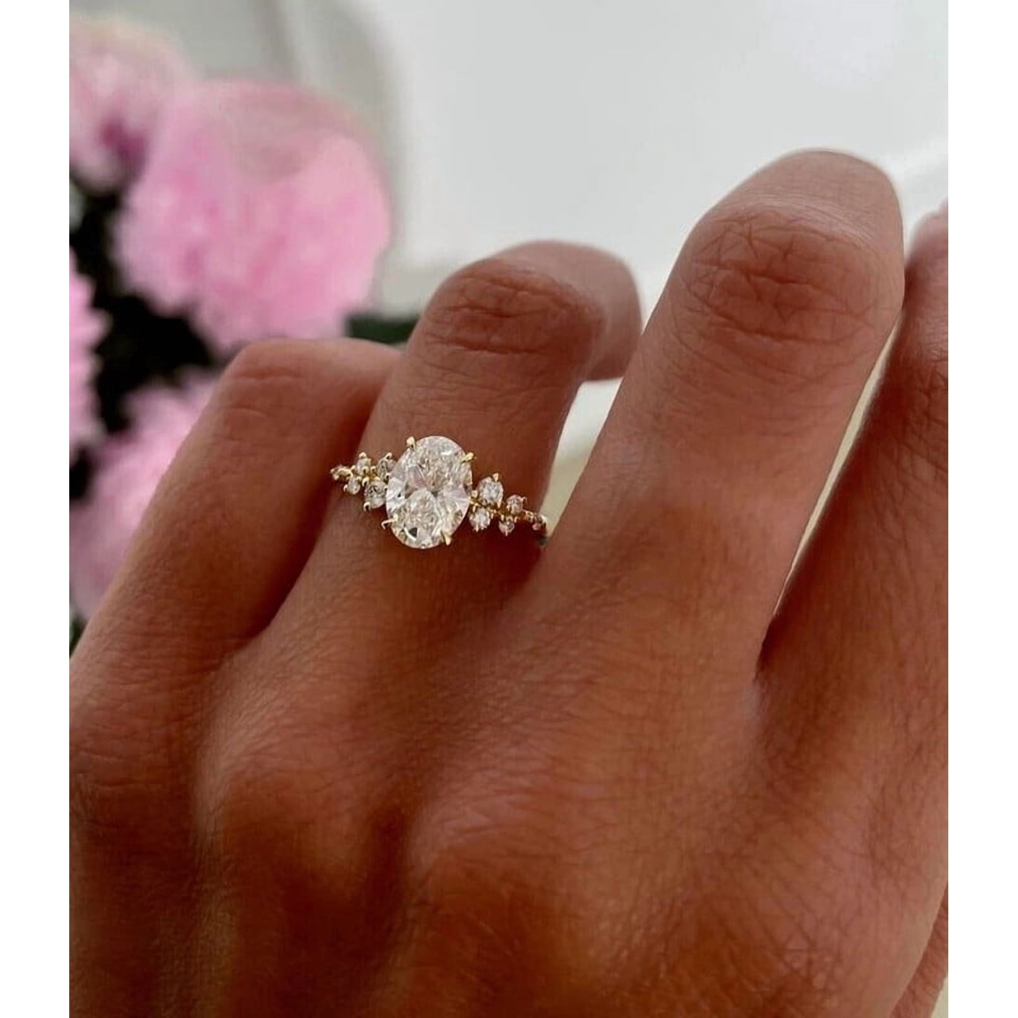 Jewelerix Oval Cut Diamond Engagement Ring Vermeil 14K Gold Cluster Side Stones, Elegant Bridal Jewelry Gift for Women, Perfect for Proposal Ring