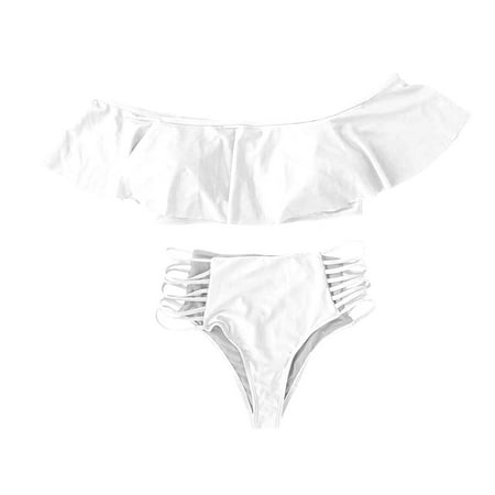 MGCWSH Women s Off Shoulder Ruffle Bandeau Bikini Swimsuit Top White 4XL