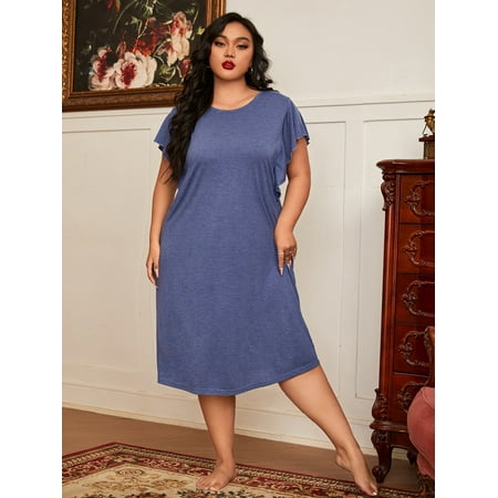 

Navy Blue Casual Women s Plus Ruffle Trim Night Dress 4XL(20) Y22001D