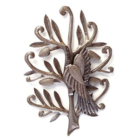 Metal Bird Wall Decor, Hanging Bird in a Branch, Fall Garden Theme Decorations, Handmade in Haiti from Recycled Barrels 12 x 17 Inches
