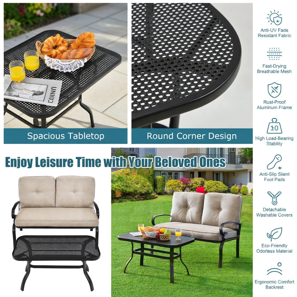 Hommoo 2-Piece Outdoor Patio Loveseat & Coffee Table Set, Steel Frame with Cushions, Weather-Resistant Garden Bench Set for Balcony, Poolside, or Living Room, Beige