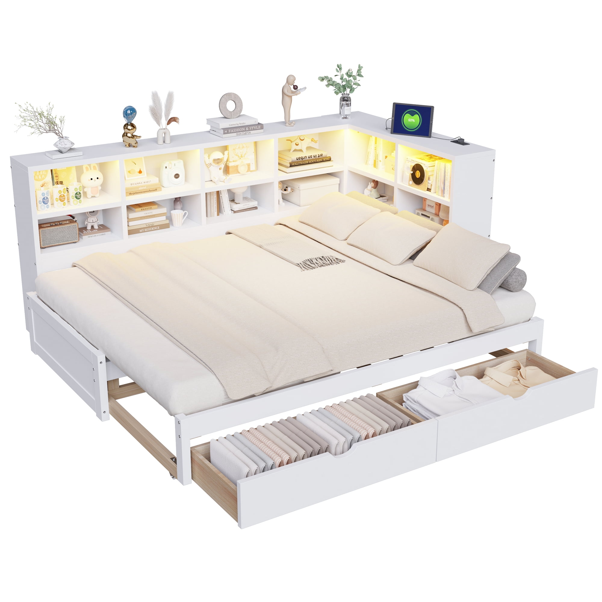 Euroco Wood Twin XL to King Size Daybed with Trundle and Drawers, Storage Headboard with LED Light and USB Ports, White