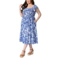 thumbnail image 4 of Agnes Orinda Women's Plus Size Dresses Square Neck Short Sleeve Smocked Flowy Summer Midi Dress 4X Blue, 4 of 5