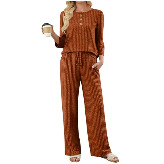 ZUKMRJPC Women's 2 Piece Sets 3/4 Long Sleeve Crewneck Knitted Top and Drawstring Pants Suits Solid Color Soft Cozy Casual Sets