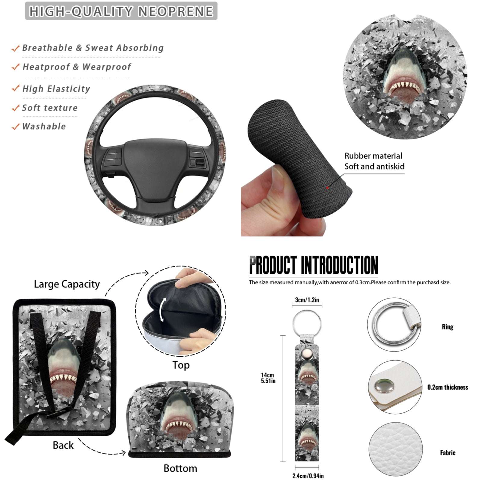 Jeiento 3D Shark Print Car Seat Covers Full Set of 13 Steering Wheel Cover Seat Belt Cover Car Trash Bag Rearview Mirror Cover Keyrings Lipstick Holder Auto Accessory Interior Decor