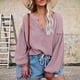 thumbnail image 4 of Mujeres V cuello globo manga camisa suelta casual profundo V cuello solo pecho linterna manga larga algodón camisa pullover top, 4 of 6