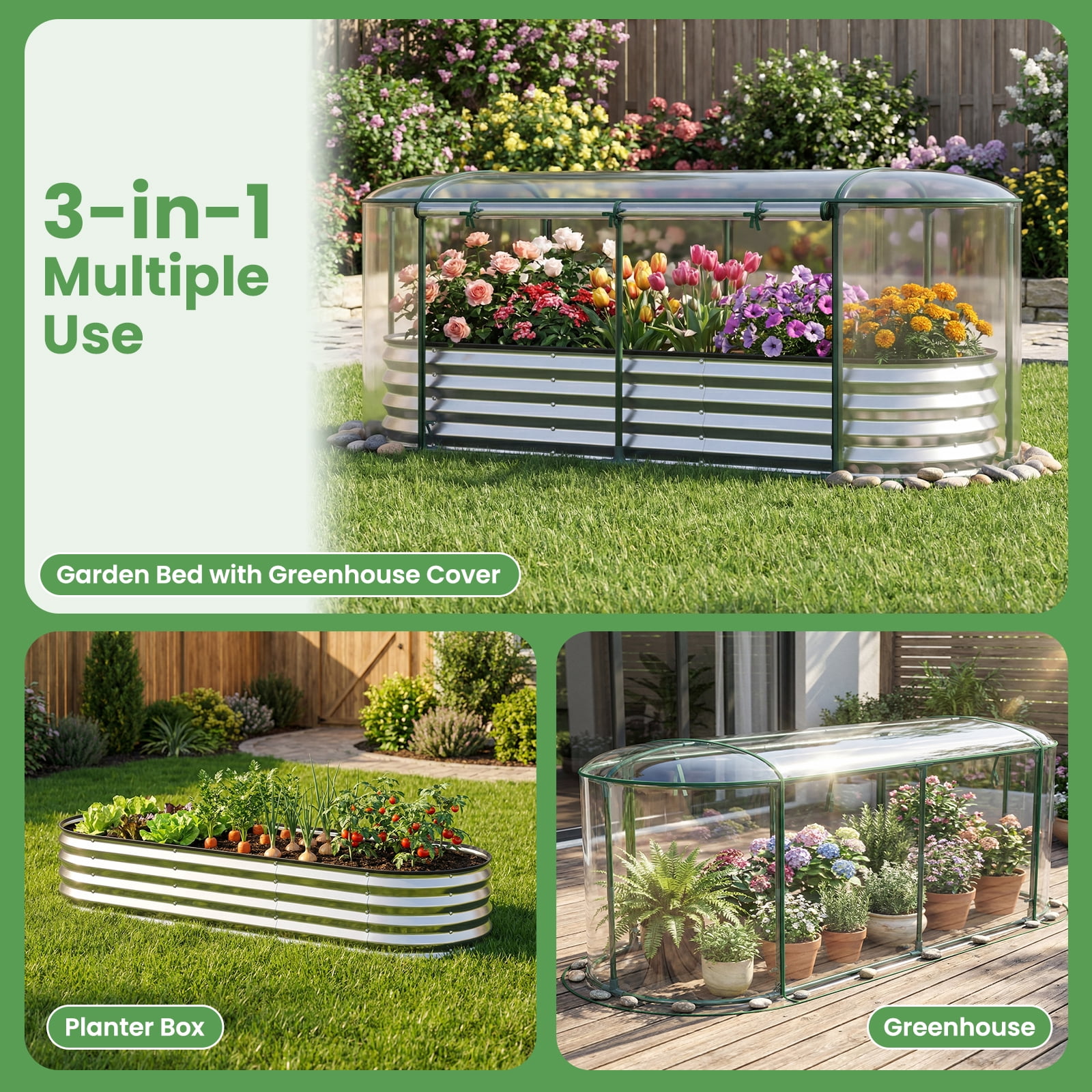 Costway 6 x 2 x 1 FT Color Steel Raised Garden Bed with Greenhouse Cover, Roll-up Window Silver+Transparent