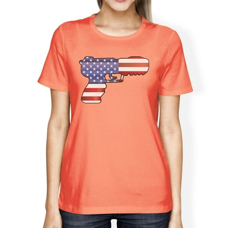 American Flag Pistol Womens Peach T-Shirt 4th Of July Design
