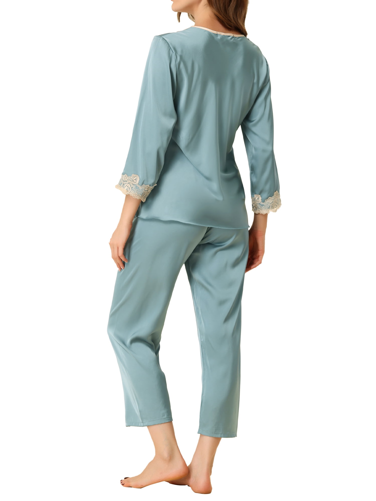 Unique Bargains Women’s Satin Pajama Lace Trim Night Suit Lounge Sleepwear Sets