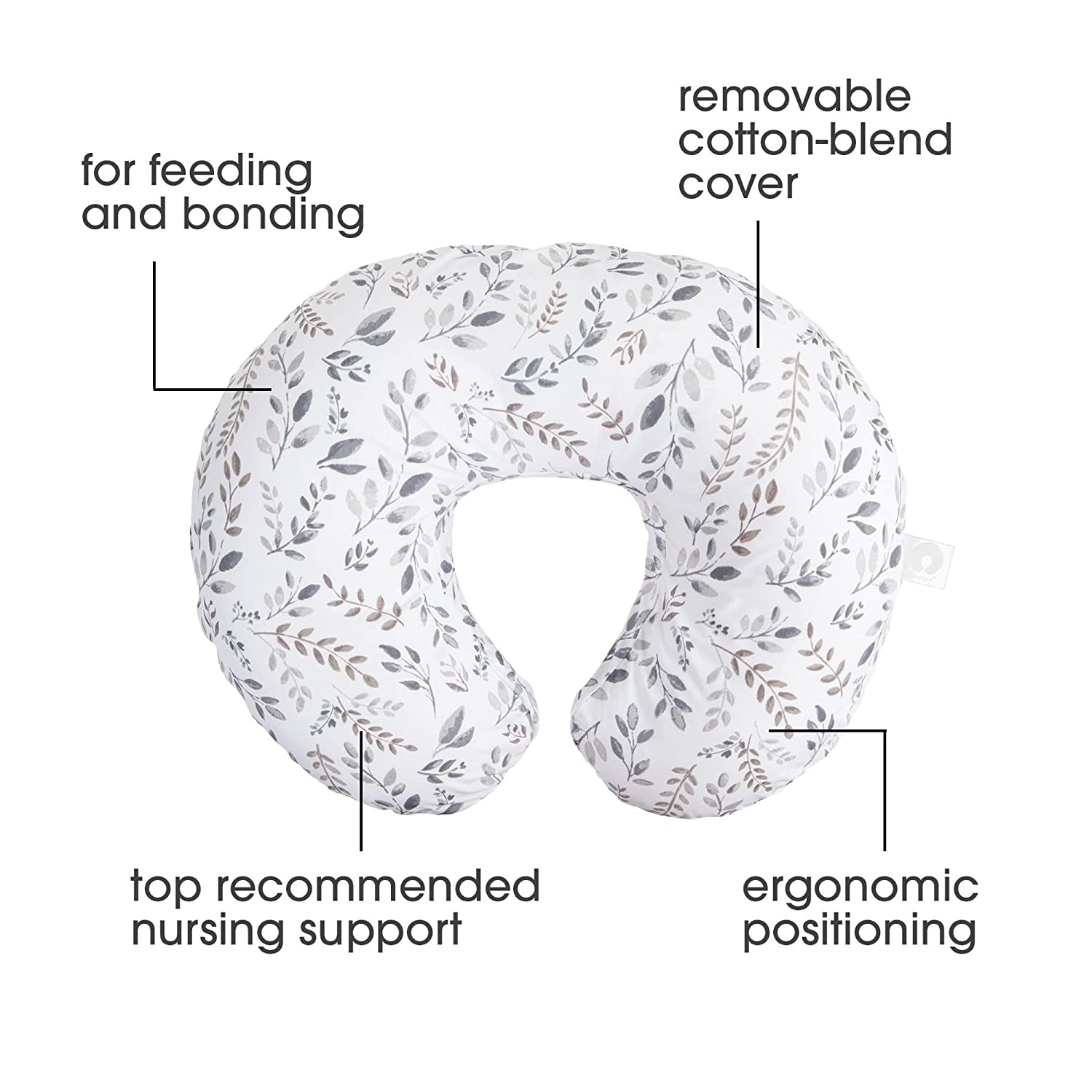 Boppy Original Feeding and Infant Support Pillow, Gray/Taupe Leaves