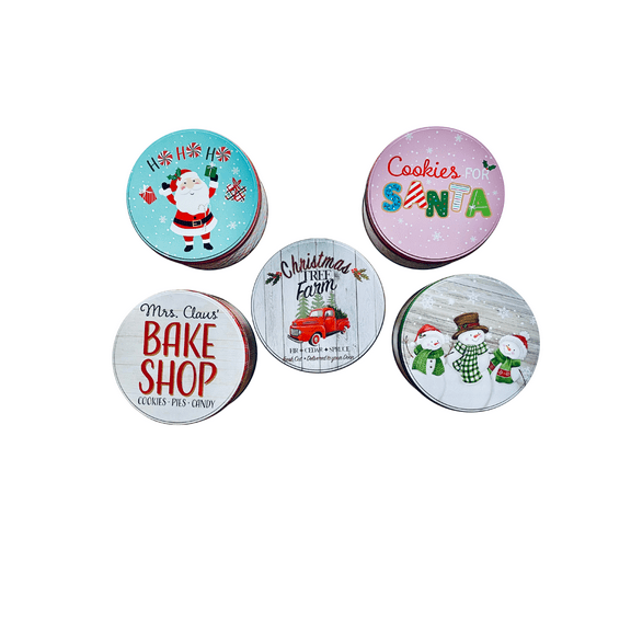Christmas Round Printed Tin with Lid, 2-Pack