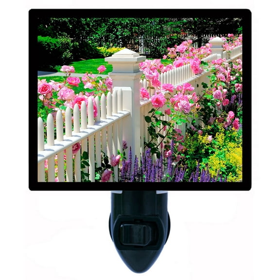 Night Light - Pink Roses on Fence. | Flower and Garden Theme, Includes Free Switchable Insert, 4W Bulb, E12 Base