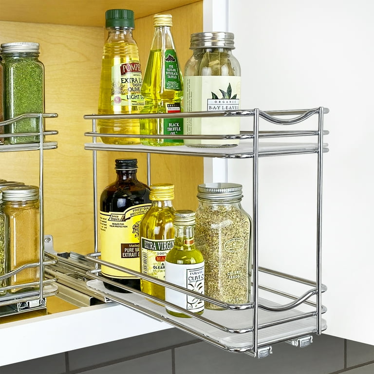 Lynk Professional Elite Pull Out Spice Rack Organizer for Cabinet, 4-1/4 in. Wide, Double, Wood-Chrome, Silver