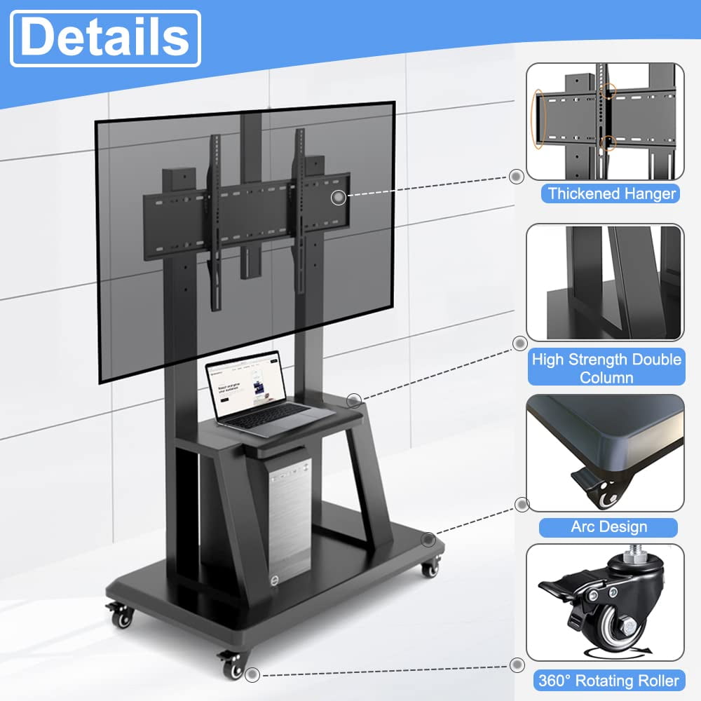 Hellsehen Rolling TV Stand with Wheels Height Adjustable for 32-75 inch TVs Holds up to 220 lbs with Shelf Black