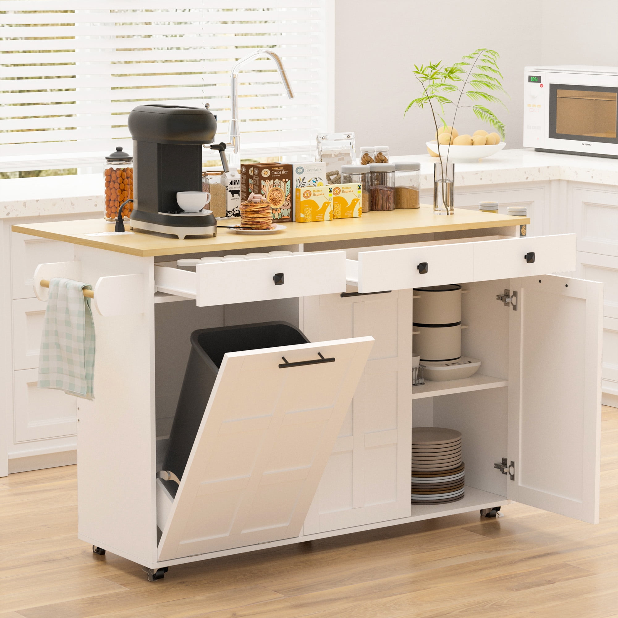 ZIDTIA 60" Kitchen Island with Drop Leaf & Power Outlet, Kitchen Rolling Island with Spice Rack & Towel Rack, Mobile Kitchen Storage Cart with Trash Cabinet, White