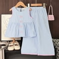 thumbnail image 2 of UngA Girl's 2 Piece Striped Outfits Bow Knot Ruffle Peplum Tank Top and Wide Leg Pants Set for Toddler Kids Summer Spring Clothes 4-5 Years,Blue, 2 of 7