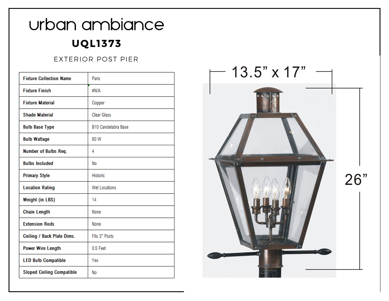 Luxury Historic Outdoor Post Light, 26''H x 17''W, with Tudor Style Elements, French Country Design, Rustic Copper Finish and Clear Glass, UQL1373