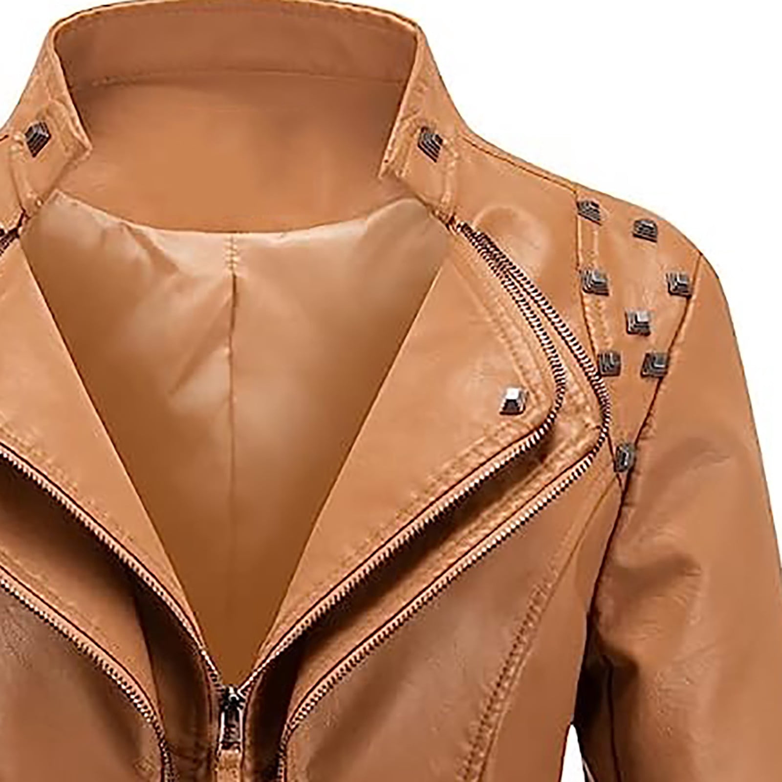 Feancey Womens Faux Leather Biker Jacket Slim Fit Fashion Studded Moto Coats Full Zip Lightweight Windbreaker Outerwear with Pockets Khaki L