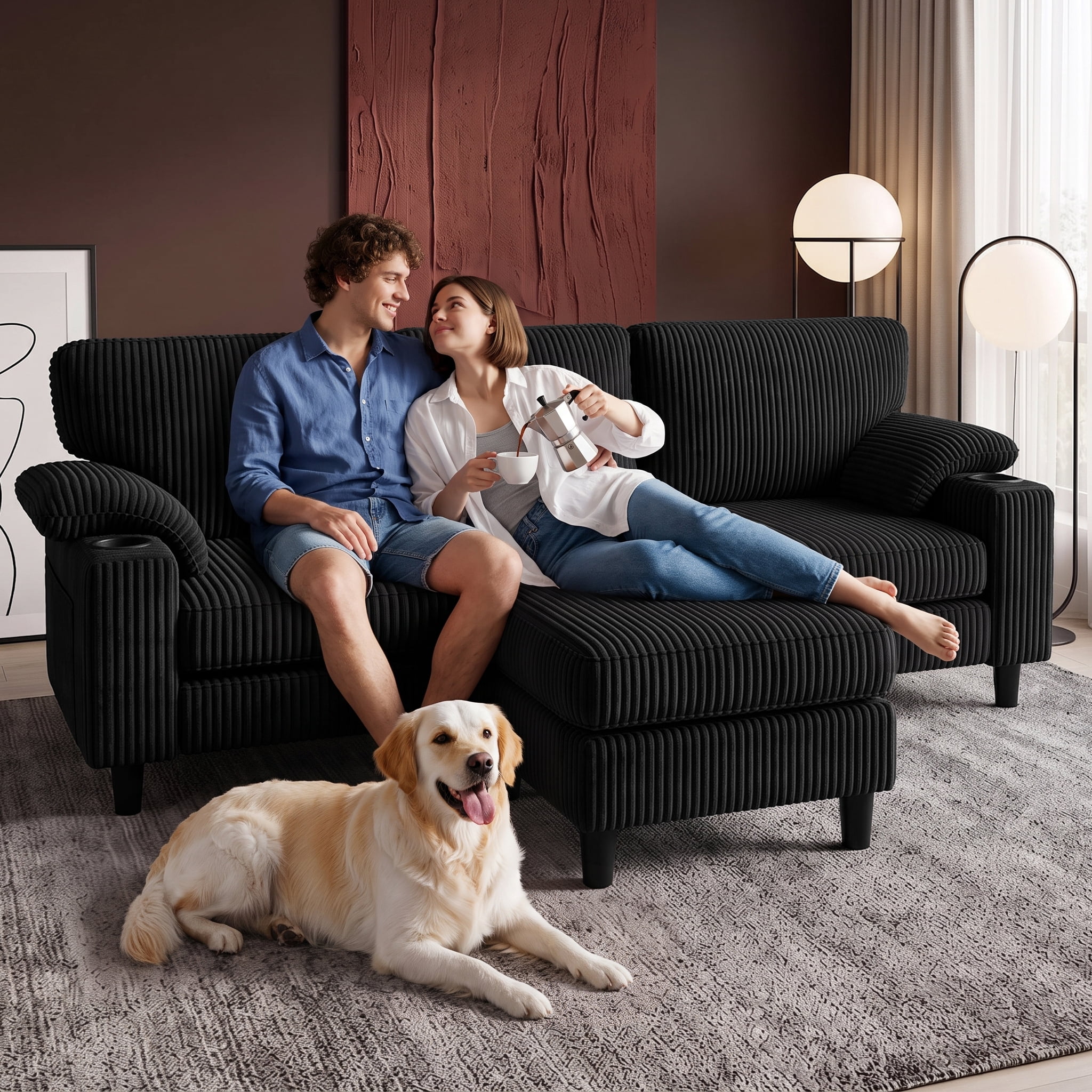 Xiweot 80" L Shaped Sectional Sofa, 3 Seater Convertible Couch with Storage Ottoman, Charging Ports & Cup Holders, Corduroy Comfy Upholstered Sofa for Living Room Apartment, Black
