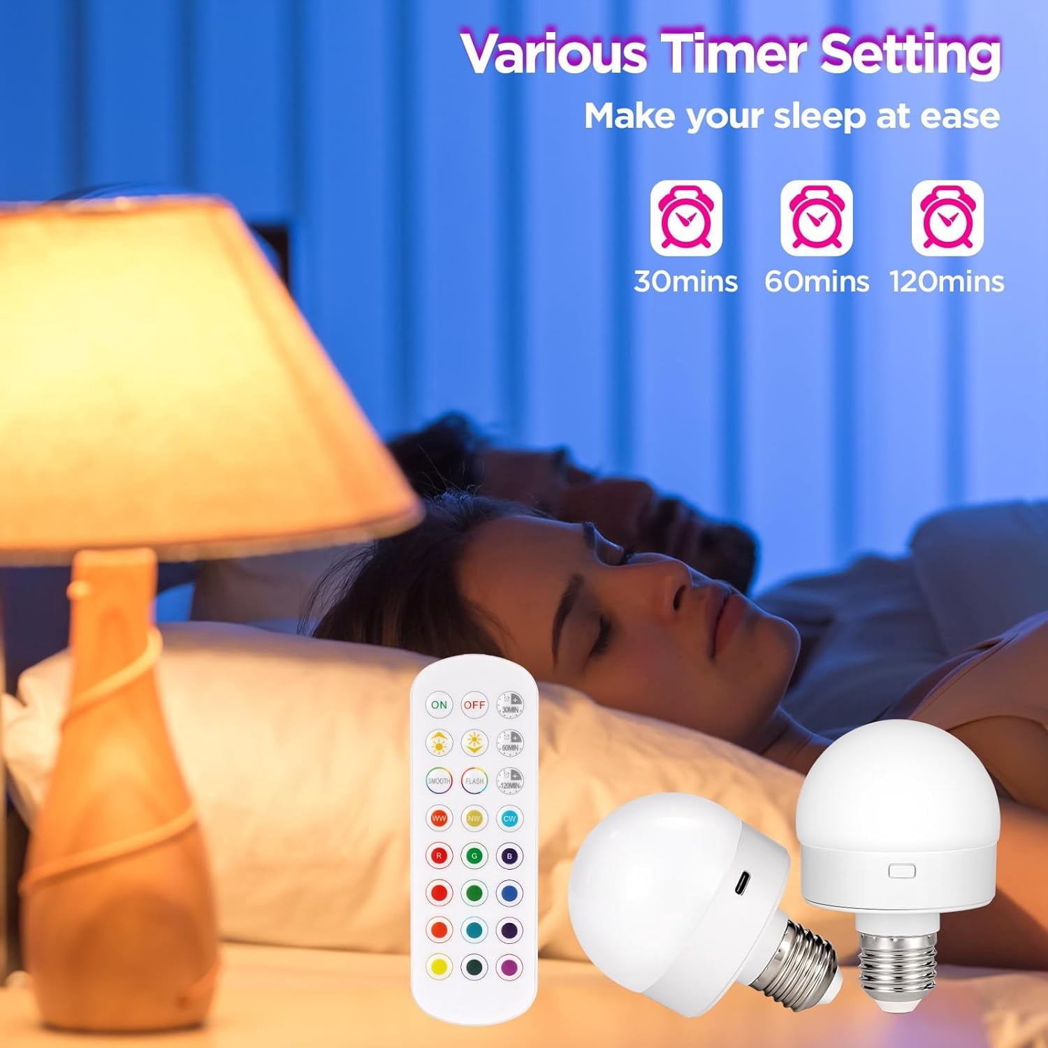 Rechargeable Battery Operated Light Bulb with Remote Control 2 Packs, 350LM Dimmable Detachable LED Bulb with 15 Colors Selectable & 3 Timer, Wireless Puck Light Bulb for Wall Sconce
