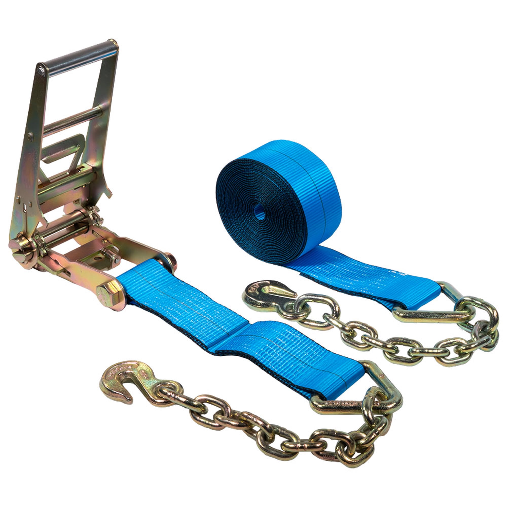 3 x 30 Ratchet Strap with Chain Anchor - 5000 Lbs WLL Heavy Duty Tie Down Cargo Truck Straps with Chains Ends & Grab Hooks for Flatbed Truck Trailers Pickup - Blue