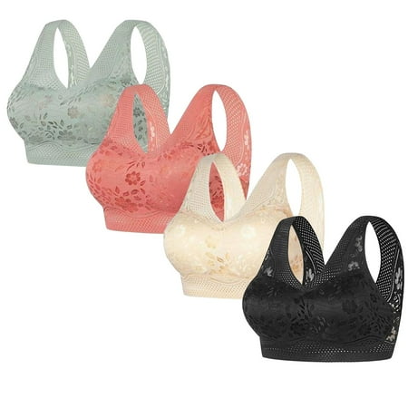 REORIAFEE Full Coverage Bras for Women 4PC Gathered Together No Wire Bras Floral Brassiere Comfy Wide Strap Breathable Corset Underwear Comfortable Classic Support Lingerie Yellow L