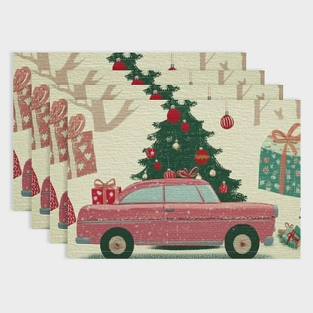 

Fenyluxe Pink Car Xmas Tree Merry Christmas Placemats Set of 4 Seasonal Winter Table Mats for Party Kitchen Dining Decoration 18x12in