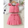 thumbnail image 2 of Suealasg Little Girls Summer 2Pcs Outfits Set Fly Sleeve Round Neck Tops + Elastic Waist Pleated Mini Skirt with Belt 1T 2T 3T 4T 5T 6T Child Girls Clothes, 2 of 9