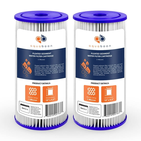 Aquaboon 1 Micron 10" Pleated Sediment Water Filter Replacement Cartridge | Whole House Sediment Filtration | Compatible with FM-BB-10-1, ECP1-BB, FM-BB-10-1A, HDC3001, WPC1FF975, 2-Pack