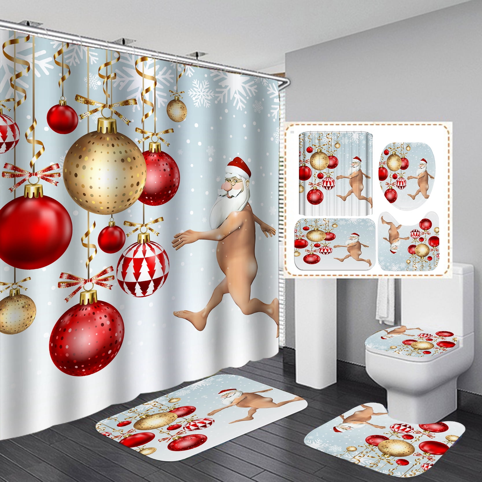 4Pc Set Merry Christmas Bathroom Shower Curtain Mat Toilet Seat Cover Xmas Decor C